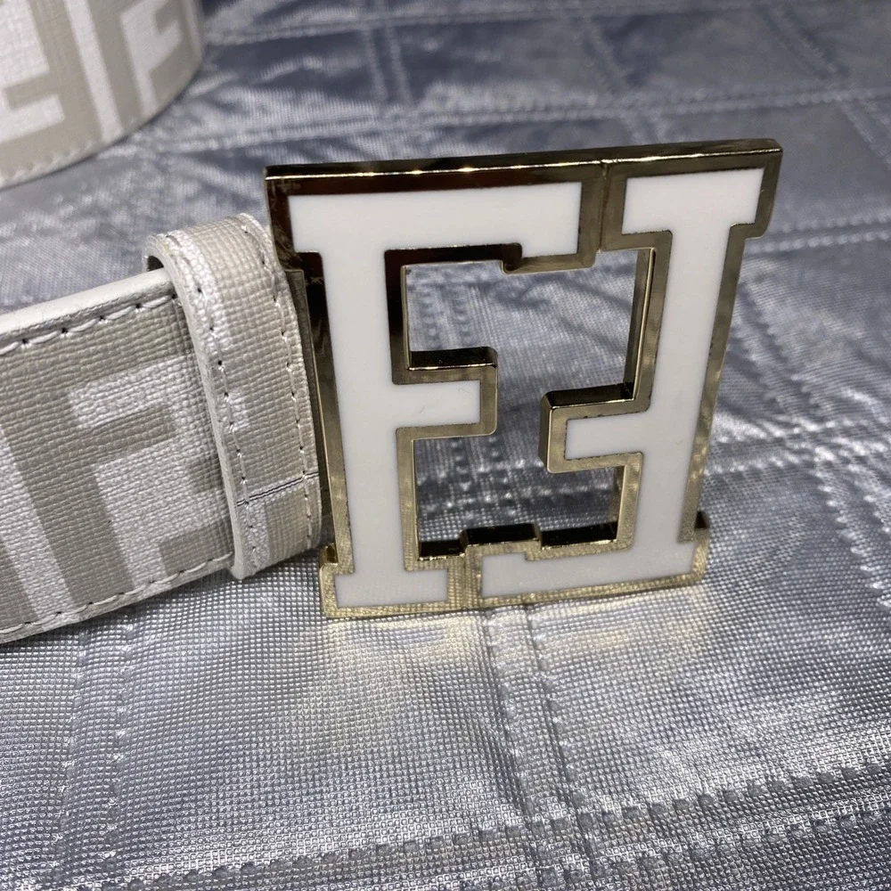 FF Monogram Fashion Belt White Gray Gold Tone F Buckle Size 36/45